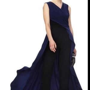 Escada blue and black draped jumpsuit gown